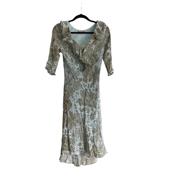 Vintage Danielle Dahan Ruffle Front Midi Dress Blue Brown 90s Women’s Size S - Picture 1 of 9